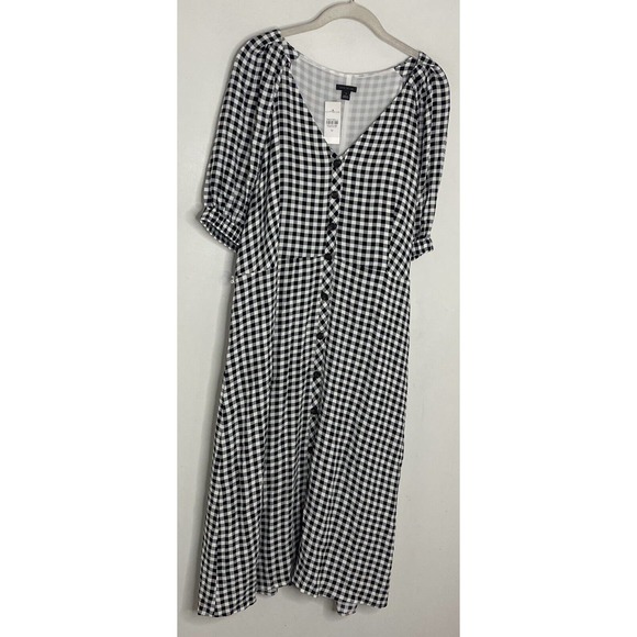 NWT Ann Taylor Black And White Checkered Dress Button Front Puff Sleeve Size 12 - Picture 2 of 6